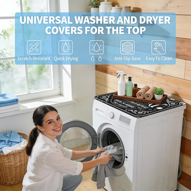 Alt view image 4 of 7 - Funny Laundry Washer and Dryer Covers for the Top, Black Retro Dryer Washer Protector Mat Non-slip for Countertop, 23.6" x 19.7" Dust-proof for Laundry Room Kitchen