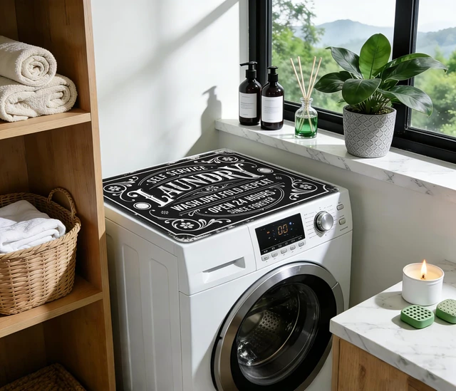 Alt view image 6 of 7 - Funny Laundry Washer and Dryer Covers for the Top, Black Retro Dryer Washer Protector Mat Non-slip for Countertop, 23.6" x 19.7" Dust-proof for Laundry Room Kitchen