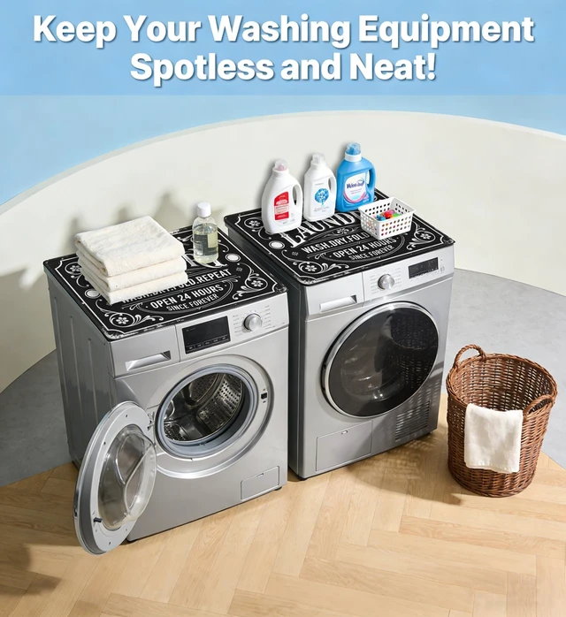 Alt view image 5 of 7 - Funny Laundry Washer and Dryer Covers for the Top, Black Retro Dryer Washer Protector Mat Non-slip for Countertop, 23.6" x 19.7" Dust-proof for Laundry Room Kitchen