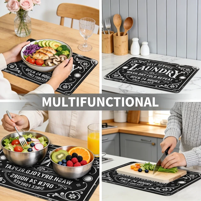 Alt view image 7 of 7 - Funny Laundry Washer and Dryer Covers for the Top, Black Retro Dryer Washer Protector Mat Non-slip for Countertop, 23.6" x 19.7" Dust-proof for Laundry Room Kitchen