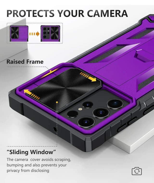 Alt view image 3 of 7 - for Samsung Galaxy S23 Ultra Case with Kickstand & Slider Purple | Military Grade Dropproof Protection, Heavy Duty Rugged Cell Cover, Bumper, Purple