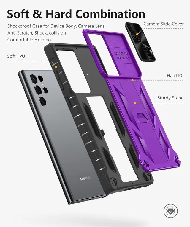 Alt view image 5 of 7 - for Samsung Galaxy S23 Ultra Case with Kickstand & Slider Purple | Military Grade Dropproof Protection, Heavy Duty Rugged Cell Cover, Bumper, Purple