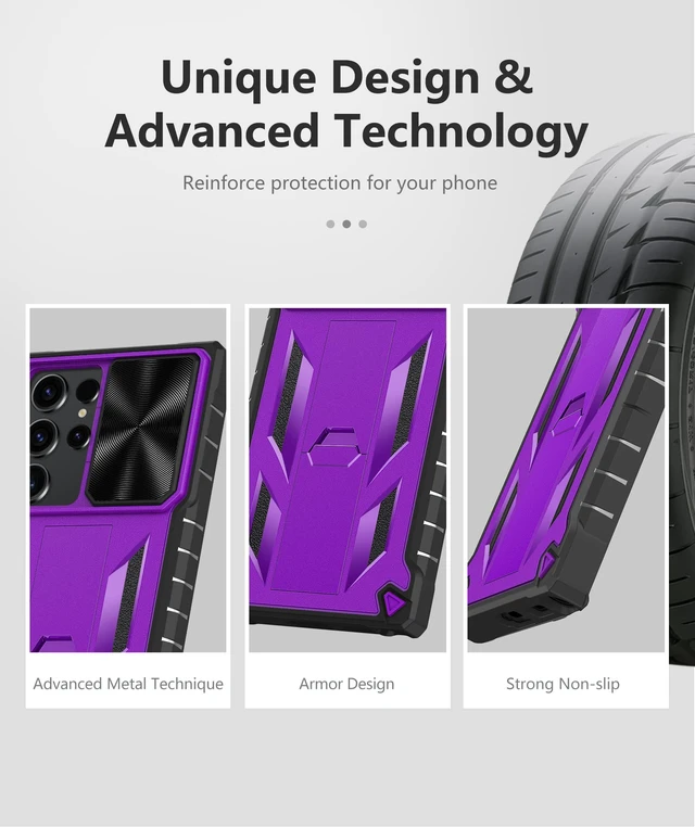 Alt view image 7 of 7 - for Samsung Galaxy S23 Ultra Case with Kickstand & Slider Purple | Military Grade Dropproof Protection, Heavy Duty Rugged Cell Cover, Bumper, Purple