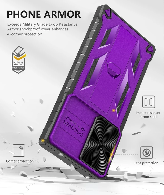 Alt view image 6 of 7 - for Samsung Galaxy S23 Ultra Case with Kickstand & Slider Purple | Military Grade Dropproof Protection, Heavy Duty Rugged Cell Cover, Bumper, Purple