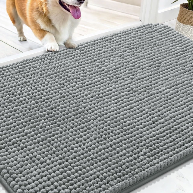 Main image of Dog Door Mat for Muddy Paws 30x20, Absorbent Chenille Mud Doormat | Grey, Non-Slip, Machine Washable, Dirt-Trapping Doormat for Indoor Entryways, Quick-Drying Pet Mat for Dogs