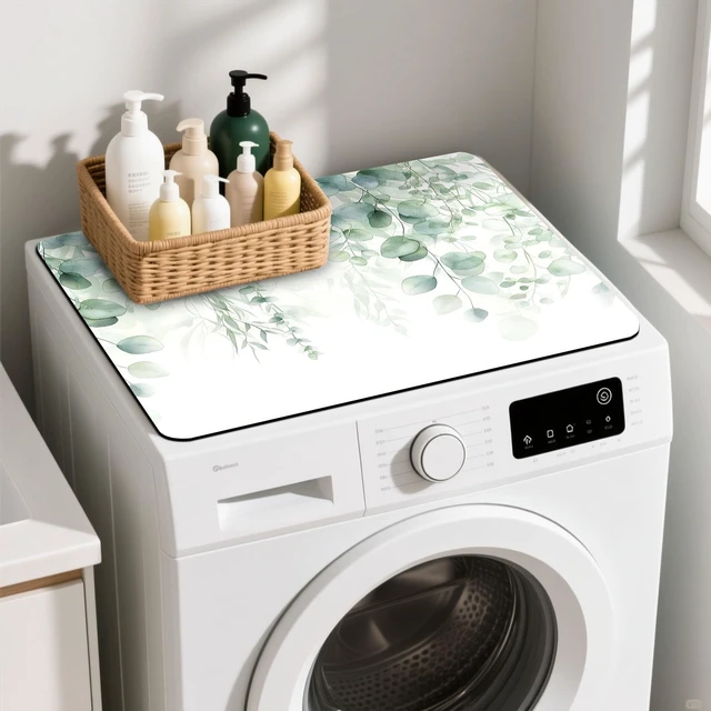 Alt view image 6 of 7 - Non-Slip Washer & Dryer Top Cover Protector Mat Dust-Proof Washing Machine Cover Pad With Green Leaf Design Universal 23.6"x19.7" for Laundry Room & Kitchen Decor