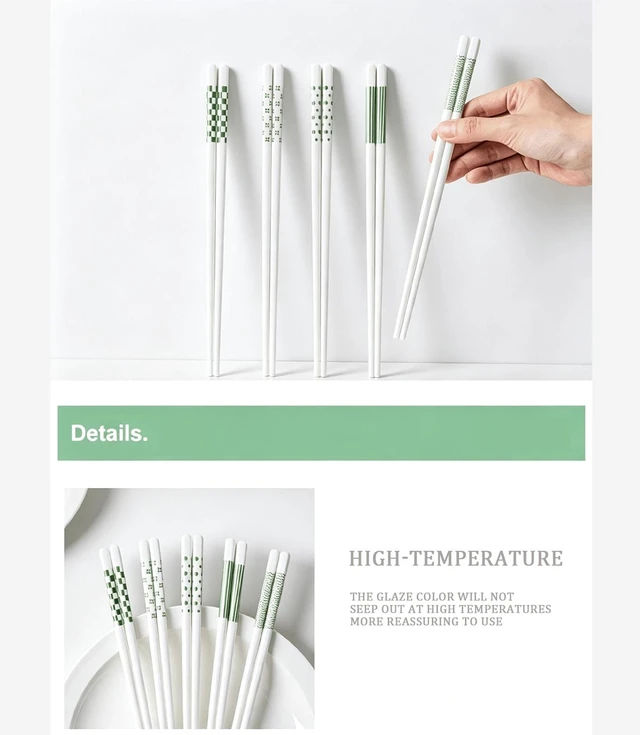 Alt view image 6 of 7 - 5 Pairs Ceramic Chopsticks,9.65inch High-grade Bone Porcelain Chinese Chopsticks,Reusable chopsticks are suitable for Chinese and Japanese food, takeaway (GREEN)