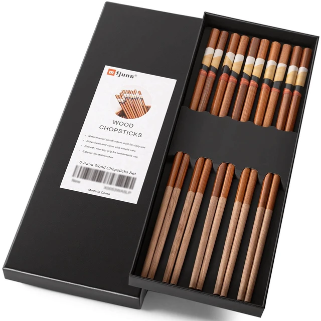 Main image of Natural Wood Chopsticks 5 Pairs, Vintage Reusable Chopsticks | 9.5 Inch Non Slip Chinese style Solid Wood Chop Sticks, No Paint No Wax, for Sushi Ramen Hot Pot Kitchen Daily Dining