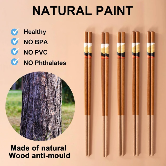 Alt view image 3 of 6 - Natural Wood Chopsticks 5 Pairs, Vintage Reusable Chopsticks | 9.5 Inch Non Slip Chinese style Solid Wood Chop Sticks, No Paint No Wax, for Sushi Ramen Hot Pot Kitchen Daily Dining