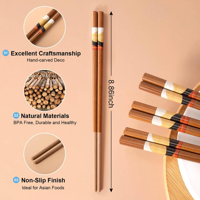Alt view image 2 of 6 - Natural Wood Chopsticks 5 Pairs, Vintage Reusable Chopsticks | 9.5 Inch Non Slip Chinese style Solid Wood Chop Sticks, No Paint No Wax, for Sushi Ramen Hot Pot Kitchen Daily Dining