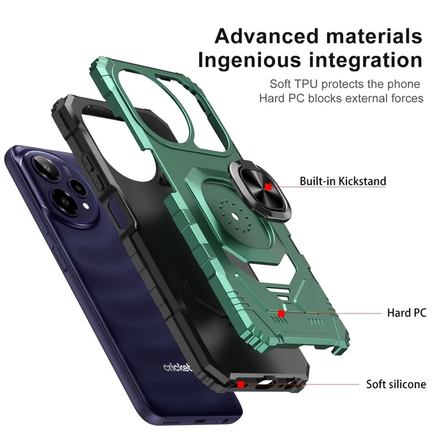 Alt view image 3 of 7 - for Cricket Icon Plus 2026 Phone Case/AT&T Verge 2 Case with Tempered Glass Screen Protector,Military Grade Heavy Duty Shockproof Protective Cover,with Ring Kickstand (Dark Green)