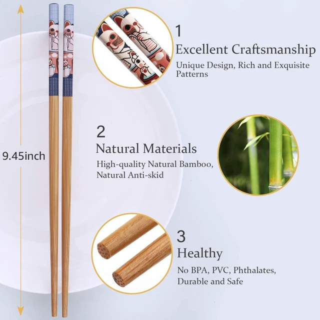 Alt view image 2 of 7 - 10Pairs Handmade Natural Bamboo Chopsticks Healthy Asian Japanese Korean Noodles Sushi Chopsticks set Reusable Gift Tableware-Cute Cat Drawing