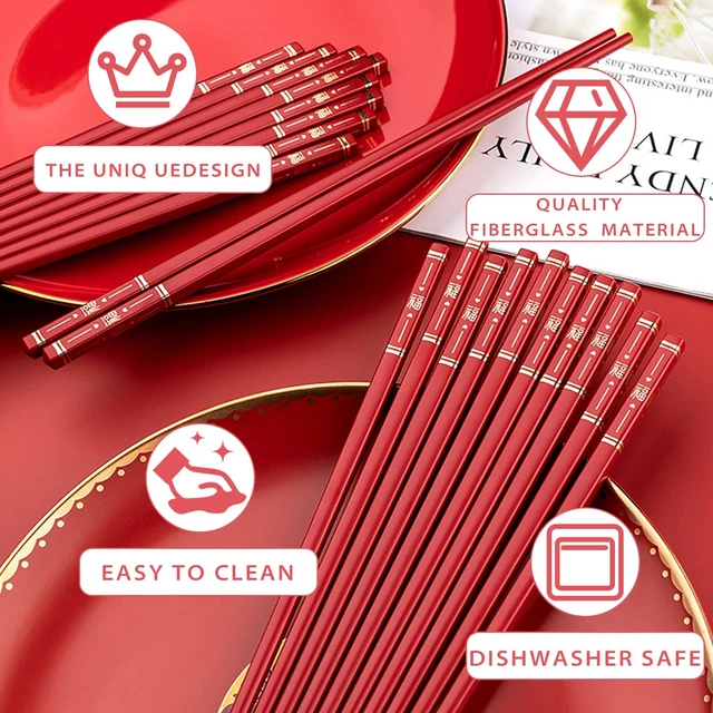 Alt view image 2 of 6 - 5 Pairs Chinese Chopsticks Reusable Fiberglass Dishwasher Safe, 9.6 inch/24.3cm Matte Non-Slip Family/ Hotel/ Restaurant Japanese Chop Sticks, Christmas&New Year Chopstick Gift, Traditional Red