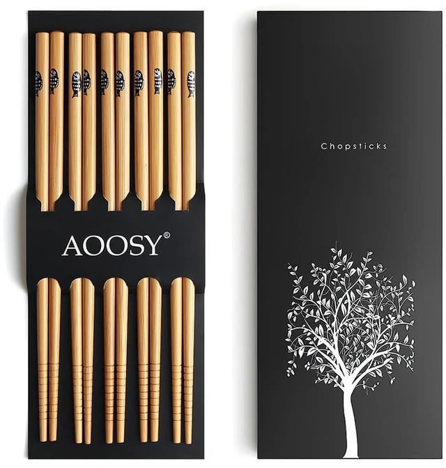 Main image of 5-Pair Reusable Bamboo Chopsticks, Classic Japanese Style Chop Sticks | for Gift Set, Dishwasher Safe, Hand-Carved 8.8 Inch/22.5cm (Fish Pattern Chopsticks with box)