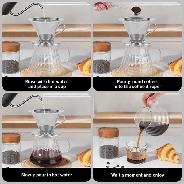 Alt view image 2 of 7 - Pour Over Coffee Maker, Stainless Steel Pour Over Coffee Filter | Double-mesh Design Dripper, Reusable Metal Coffee Filter with Handle, Pour Over Coffee Dripper for Home, 1-4 Cups