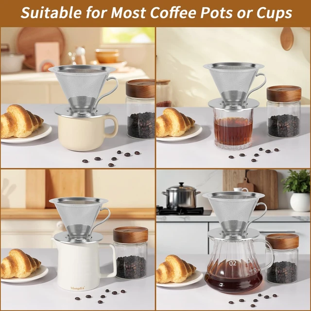 Alt view image 5 of 7 - Pour Over Coffee Maker, Stainless Steel Pour Over Coffee Filter | Double-mesh Design Dripper, Reusable Metal Coffee Filter with Handle, Pour Over Coffee Dripper for Home, 1-4 Cups