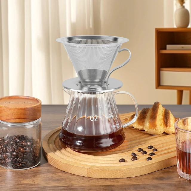 Alt view image 7 of 7 - Pour Over Coffee Maker, Stainless Steel Pour Over Coffee Filter | Double-mesh Design Dripper, Reusable Metal Coffee Filter with Handle, Pour Over Coffee Dripper for Home, 1-4 Cups