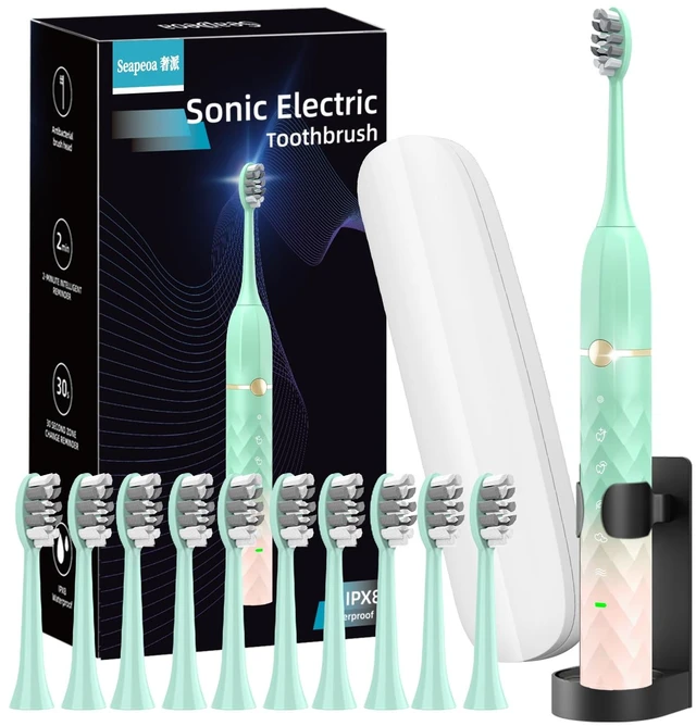Main image of Sonic Electric Toothbrush Set, Equipped with 10 Brush Heads and Travel Case, IPX8 Waterproof, 2-Minute Timer, 42000 High-Frequency Vibrations, 5 Modes, The First Choice for Gift Giving, Green Pink
