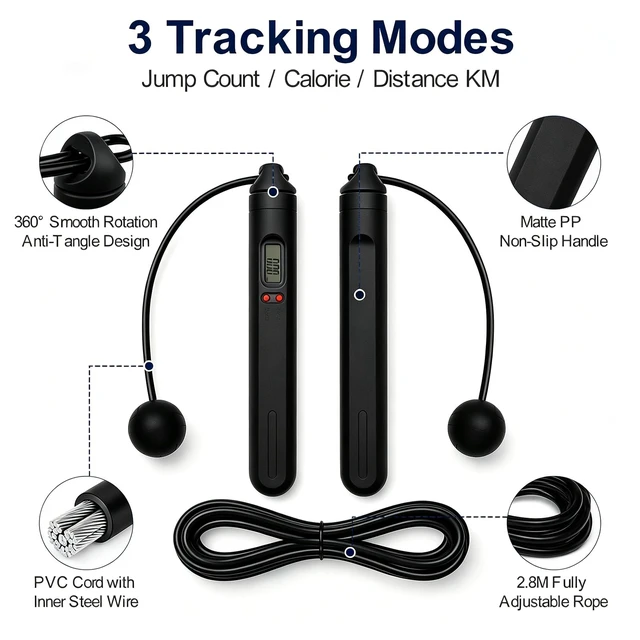 Alt view image 2 of 7 - Dual-Use Digital Counter Skipping Rope, 1.18in Cordless Balls & Steel Wire Core Adjustable PVC Rope, 360° Tangle-Free Workout Jumprope for Beginners & Indoor Outdoor Fitness, Black