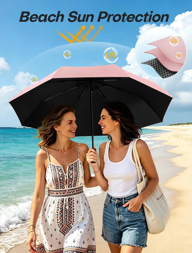 Alt view image 5 of 7 - Compact Travel Umbrella for Rain - Windproof Automatic Umbrellas, UV Umbrella for Sun Protection with Black Anti-UV Coating, Portable Small Umbrellas for Backpack, Car, Walking, Kids, Women