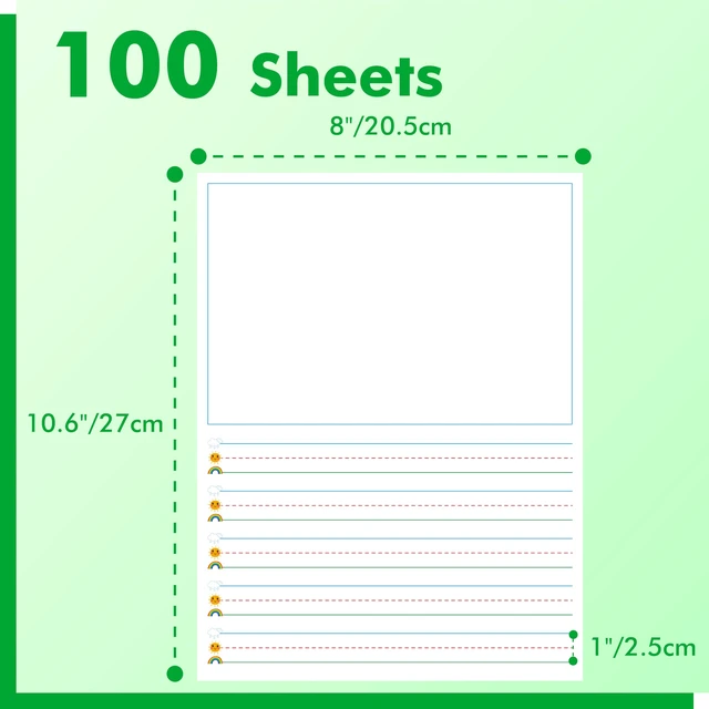 Alt view image 2 of 6 - 100 Sheets Ruled Writing Paper, Double-Sided Printing 1 Line Spacing with Blank Area Handwriting Writing Paper with Dotted Lines Practice Paper for Kindergarten Toddlers Kids (8 x 10.6)