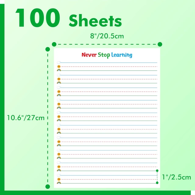 Alt view image 2 of 6 - 100 Sheets Ruled Writing Paper, Double-Sided Printing Skip-A-Line Ruled Writing Paper with Dotted Lines 1 Line Spacing Handwriting Practice Paper for Kindergarten Toddlers Kids (8 x 10.6)