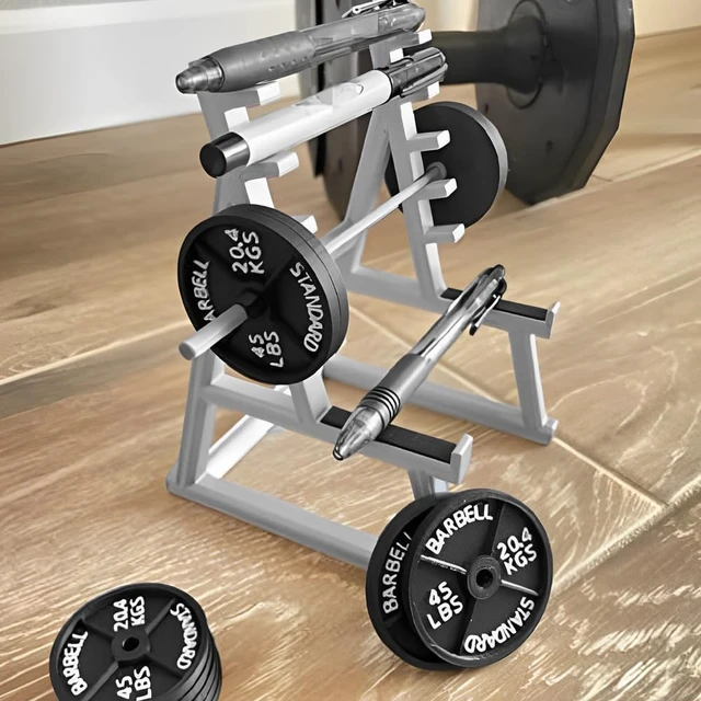 Alt view image 4 of 7 - Funny Barbell Pen Holder, Mini Squat Rack Pen Holder Ornaments with 4pcs Weight Plates, Mini Plastic Weight Rack Pencil Holder Home Decor Gift for Fitness and Weightlifting Fans(COLOR:gray black)