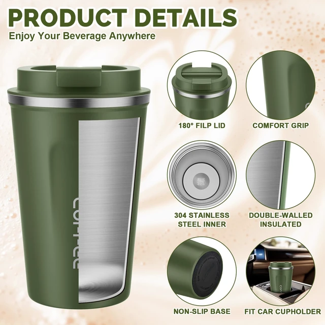 Alt view image 5 of 7 - 12 oz Coffee Mug - Stainless Steel Coffee Cup with Leakproof Lid | Stainless Steel Double-wall insulation, 6-Hour Heat Retention, 360°Leak proof, BPA-free, Reusable And To Go Coffee Mug