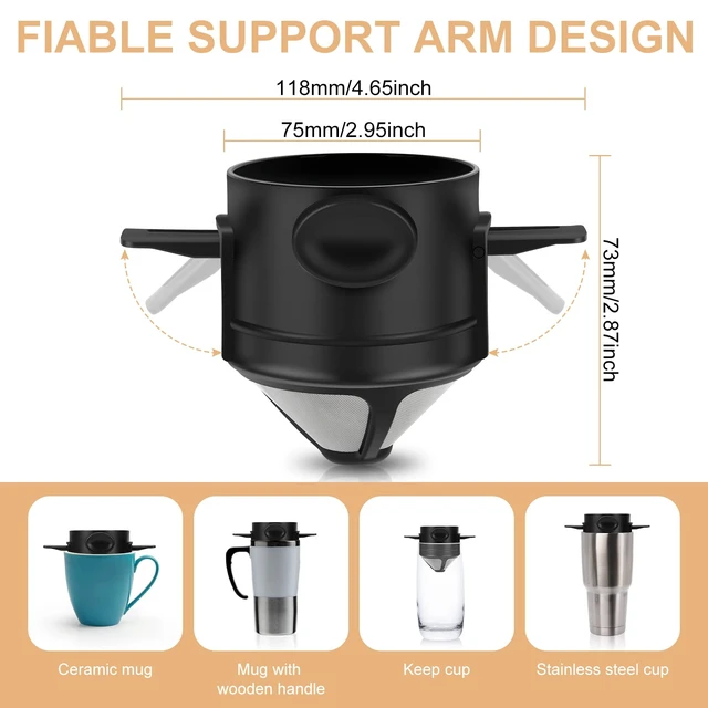 Alt view image 3 of 7 - Pour Over Coffee Maker,Portable Stainless Steel Reusable Coffee Filter, Mini Collapsible Paperless Single Serve 1 Cup Coffee Dripper Cup Easy To Clean For Travel Camping
