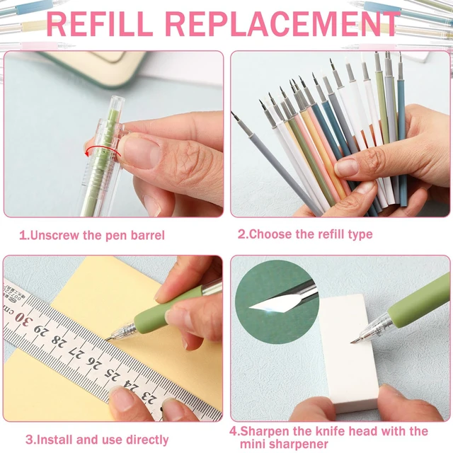 Alt view image 6 of 7 - Craft Cutting Tools, 25 Pcs Knife Pen with Mini Sharpener | Tungsten Steel Ceramic Cutter Head Refill, Retractable, Utility Precision, Paper Cutting Carving, Scrapbook Drawing DIY Craft