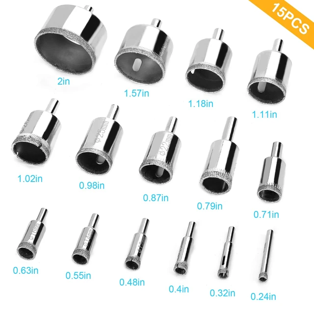 Alt view image 2 of 7 - 15 Pcs Diamond Drill Bits for Ceramic, Diamond Hole Saw Drill Bit Set Kit, Premium Glass Drill Bit for Bottles,Pots, Marble, Granite Stone, Tile Cutting 0.23 Inch - 2 Inch6mm - 50mm