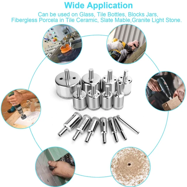 Alt view image 6 of 7 - 15 Pcs Diamond Drill Bits for Ceramic, Diamond Hole Saw Drill Bit Set Kit, Premium Glass Drill Bit for Bottles,Pots, Marble, Granite Stone, Tile Cutting 0.23 Inch - 2 Inch6mm - 50mm