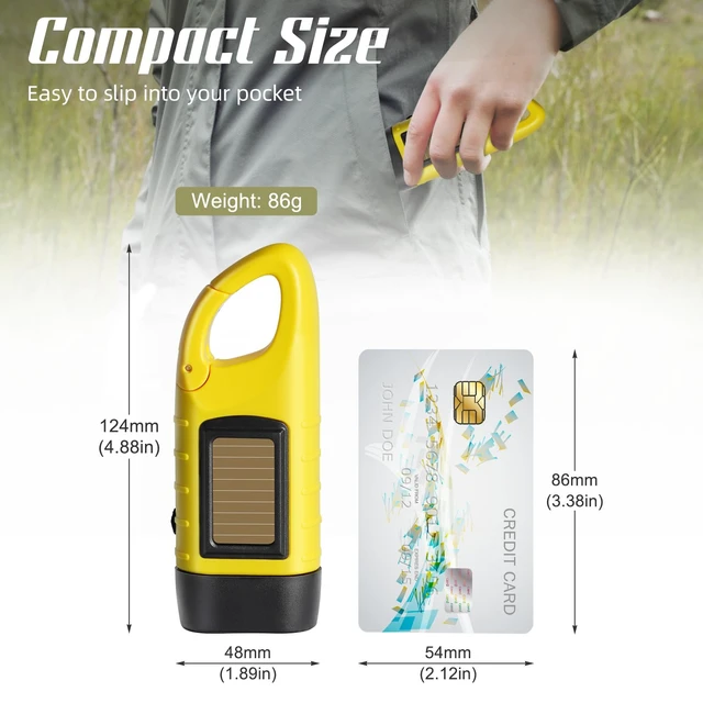 Alt view image 2 of 6 - Hand Crank Solar Powered Flashlights,Compact Emergency LED Flashlight Handheld Survival Flashlight,Quick Snap Carbiner Dynamo Flashlighting for Outdoor,Sports,Hiking (1 Pack-Yellow)