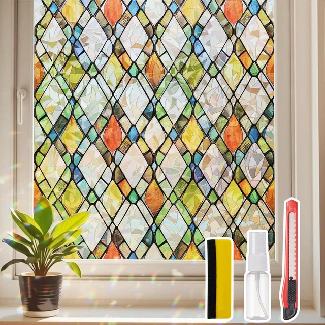 Main image of Window Privacy Film Stained Glass 17.5" x 78.7" Rainbow | Static cling no glue, no residue. UV and heat blocking. Rainbow privacy for doors, windows, bathrs, with install tools