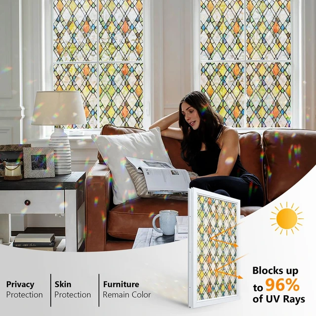 Alt view image 2 of 7 - Window Privacy Film Stained Glass 17.5" x 78.7" Rainbow | Static cling no glue, no residue. UV and heat blocking. Rainbow privacy for doors, windows, bathrs, with install tools