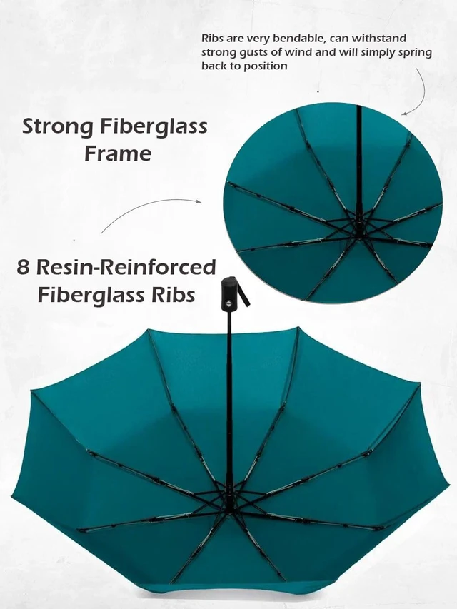 Alt view image 3 of 6 - Windproof Umbrella Windproof Travel Umbrella - Compact, Light, Automatic, Strong and Portable - Wind Resistant, Small Folding Backpack Umbrella for Rain - Men and Women, Teal, 37"