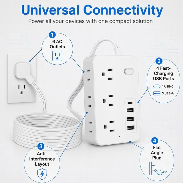 Alt view image 2 of 6 - Travel Power Strip 6 Outlets USB A USB C Surge Protector 5ft Extension Cord Lightweight Portable Design for Trips, 1 Type-C 3 USB Port, Independent Switch, Space-Saving Vertical Side AC Outlet Layout