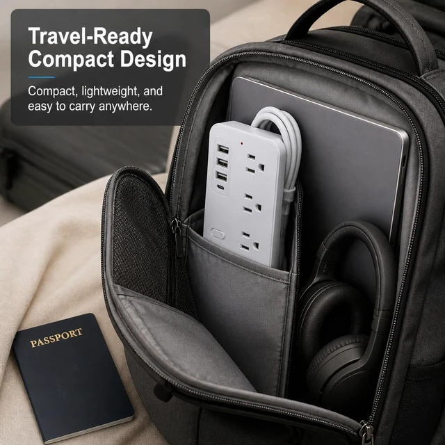 Alt view image 3 of 6 - Travel Power Strip 6 Outlets USB A USB C Surge Protector 5ft Extension Cord Lightweight Portable Design for Trips, 1 Type-C 3 USB Port, Independent Switch, Space-Saving Vertical Side AC Outlet Layout