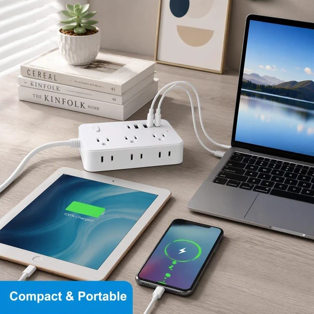 Alt view image 6 of 6 - Travel Power Strip 6 Outlets USB A USB C Surge Protector 5ft Extension Cord Lightweight Portable Design for Trips, 1 Type-C 3 USB Port, Independent Switch, Space-Saving Vertical Side AC Outlet Layout