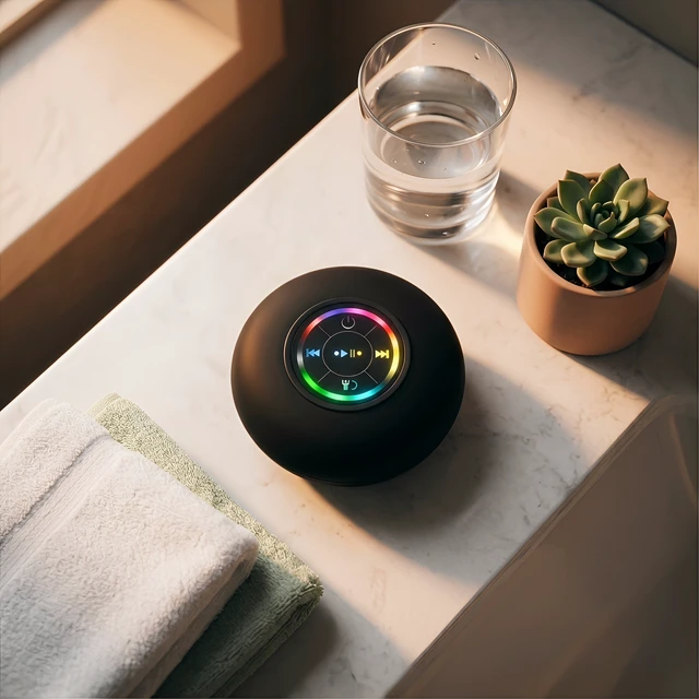 Alt view image 5 of 5 - Bluetooth Shower Speaker with Suction Cup, IPX4 Splash Proof, RGB Light, Wireless Portable Bathroom Speaker, 3W Stereo Sound, Hands-Free Call