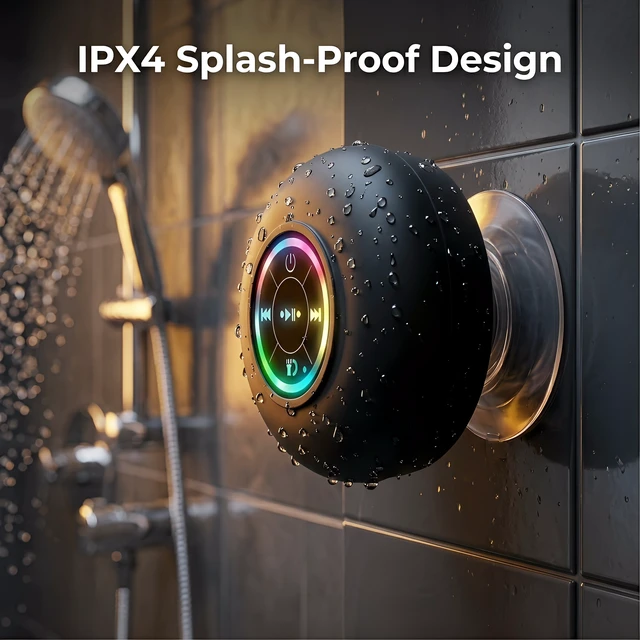 Alt view image 4 of 5 - Bluetooth Shower Speaker with Suction Cup, IPX4 Splash Proof, RGB Light, Wireless Portable Bathroom Speaker, 3W Stereo Sound, Hands-Free Call