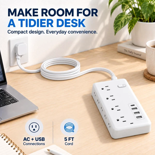 Alt view image 5 of 7 - XEDUOMEE Travel Power Strip 8 Outlets 4 USB Port Surge Protector 5ft Extension Cord Lightweight Portable Design for Trips, 1 Type-C 3 USB Port, Independent Switch, Space-Saving Vertical Side AC Outlet