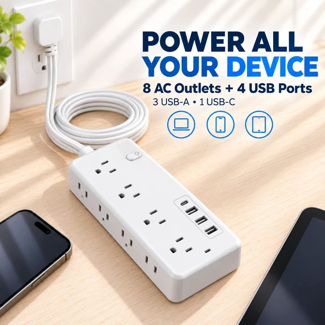 Alt view image 6 of 7 - XEDUOMEE Travel Power Strip 8 Outlets 4 USB Port Surge Protector 5ft Extension Cord Lightweight Portable Design for Trips, 1 Type-C 3 USB Port, Independent Switch, Space-Saving Vertical Side AC Outlet