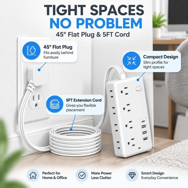 Alt view image 4 of 7 - XEDUOMEE Travel Power Strip 8 Outlets 4 USB Port Surge Protector 5ft Extension Cord Lightweight Portable Design for Trips, 1 Type-C 3 USB Port, Independent Switch, Space-Saving Vertical Side AC Outlet
