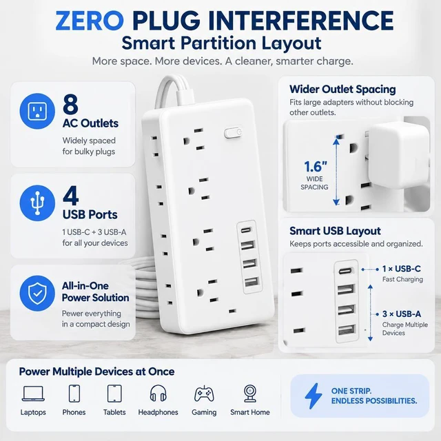 Alt view image 2 of 7 - XEDUOMEE Travel Power Strip 8 Outlets 4 USB Port Surge Protector 5ft Extension Cord Lightweight Portable Design for Trips, 1 Type-C 3 USB Port, Independent Switch, Space-Saving Vertical Side AC Outlet