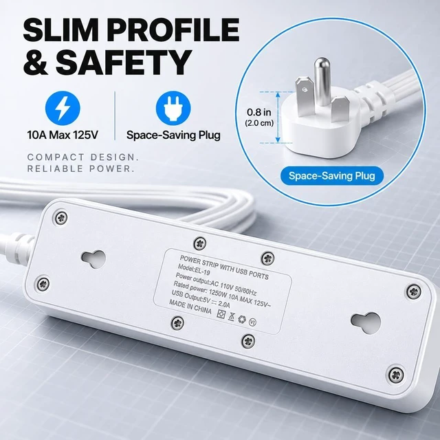 Alt view image 2 of 7 - XEDUOMEE Power Strip Surge Protector, 9 AC Outlets 2 USBA & 1 USBC Port, 3Side Outlet 1700J Surge Protection, Wall Mountable Extension Cord with On/Off Switch for Home Office Dorm Room