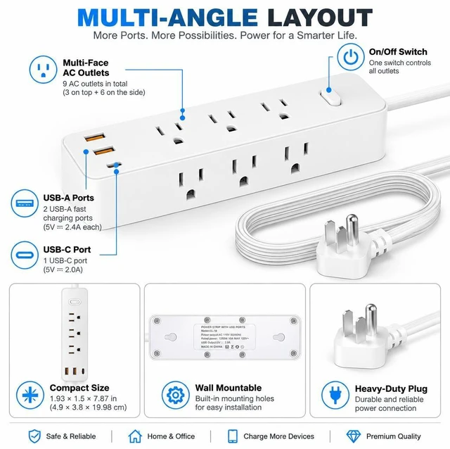Alt view image 4 of 7 - XEDUOMEE Power Strip Surge Protector, 9 AC Outlets 2 USBA & 1 USBC Port, 3Side Outlet 1700J Surge Protection, Wall Mountable Extension Cord with On/Off Switch for Home Office Dorm Room