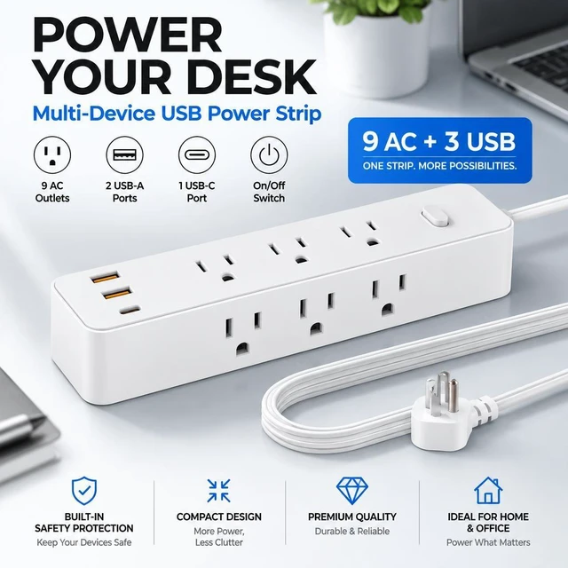 Main image of XEDUOMEE Power Strip Surge Protector, 9 AC Outlets 2 USBA & 1 USBC Port, 3Side Outlet 1700J Surge Protection, Wall Mountable Extension Cord with On/Off Switch for Home Office Dorm Room