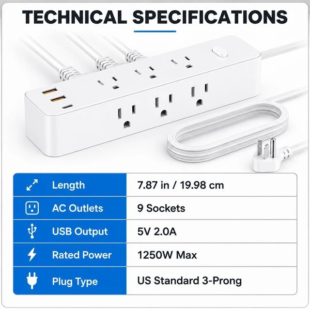Alt view image 3 of 7 - XEDUOMEE Power Strip Surge Protector, 9 AC Outlets 2 USBA & 1 USBC Port, 3Side Outlet 1700J Surge Protection, Wall Mountable Extension Cord with On/Off Switch for Home Office Dorm Room