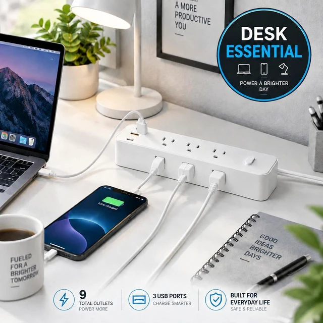 Alt view image 5 of 7 - XEDUOMEE Power Strip Surge Protector, 9 AC Outlets 2 USBA & 1 USBC Port, 3Side Outlet 1700J Surge Protection, Wall Mountable Extension Cord with On/Off Switch for Home Office Dorm Room